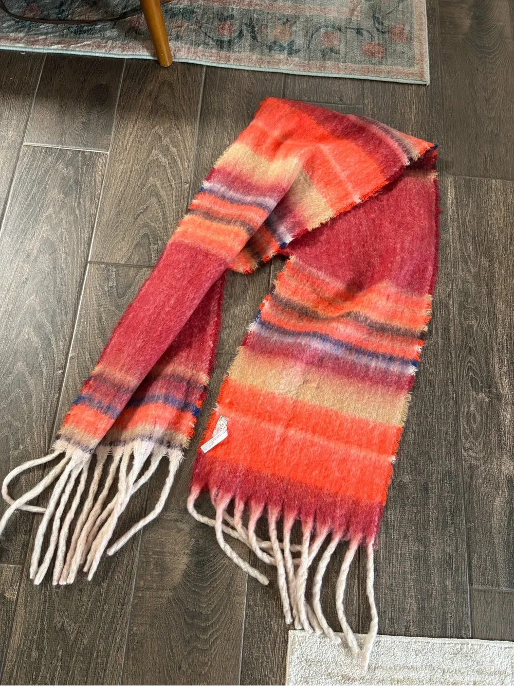 Free People / Orange Red Blue Cream Chunky Soft Fringe Scarf Cozy